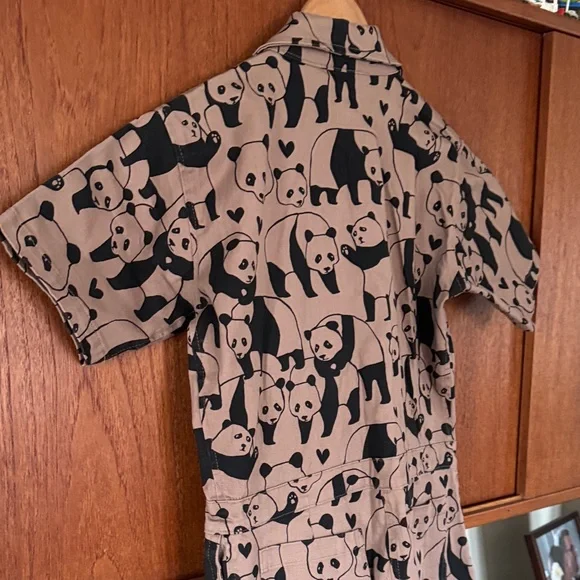 Nooworks Rare Tan/Taupe and Black Panda Pattern Jumpsuit Sz Small - Picture 13 of 14